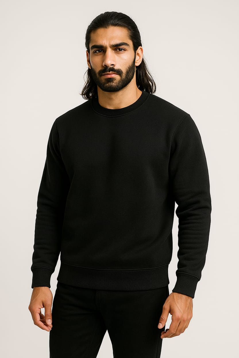 Jet Black Basic Sweatshirt for Men – Crew Neck